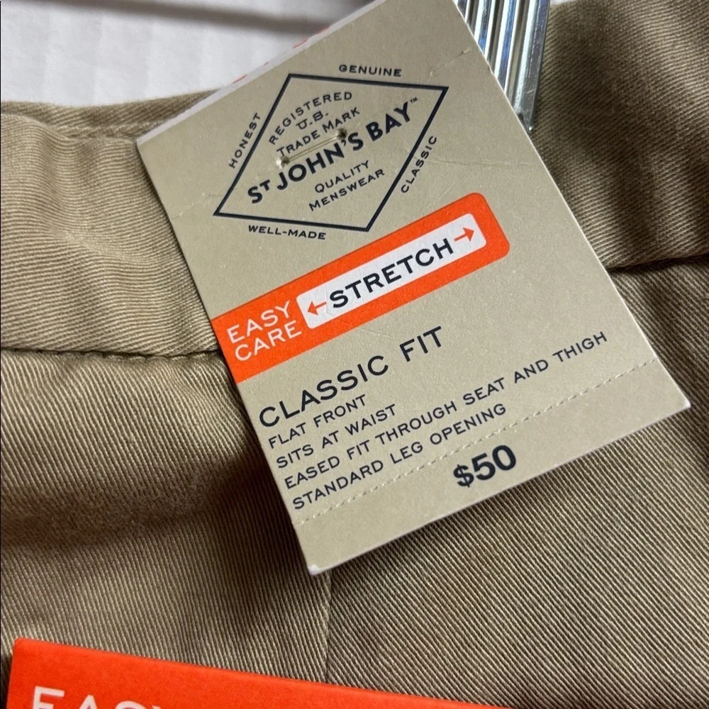 St. John's Bay Men's Khaki Chinos Classic Fit Flat Front Easy Care  NWT 34 X 30
